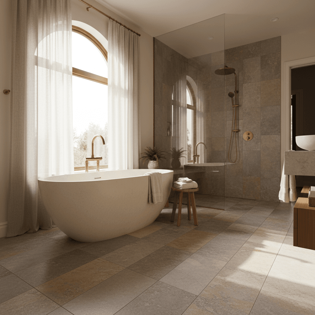 Spa-inspired master bathroom with soaking tub, heated floors, and walk-in shower