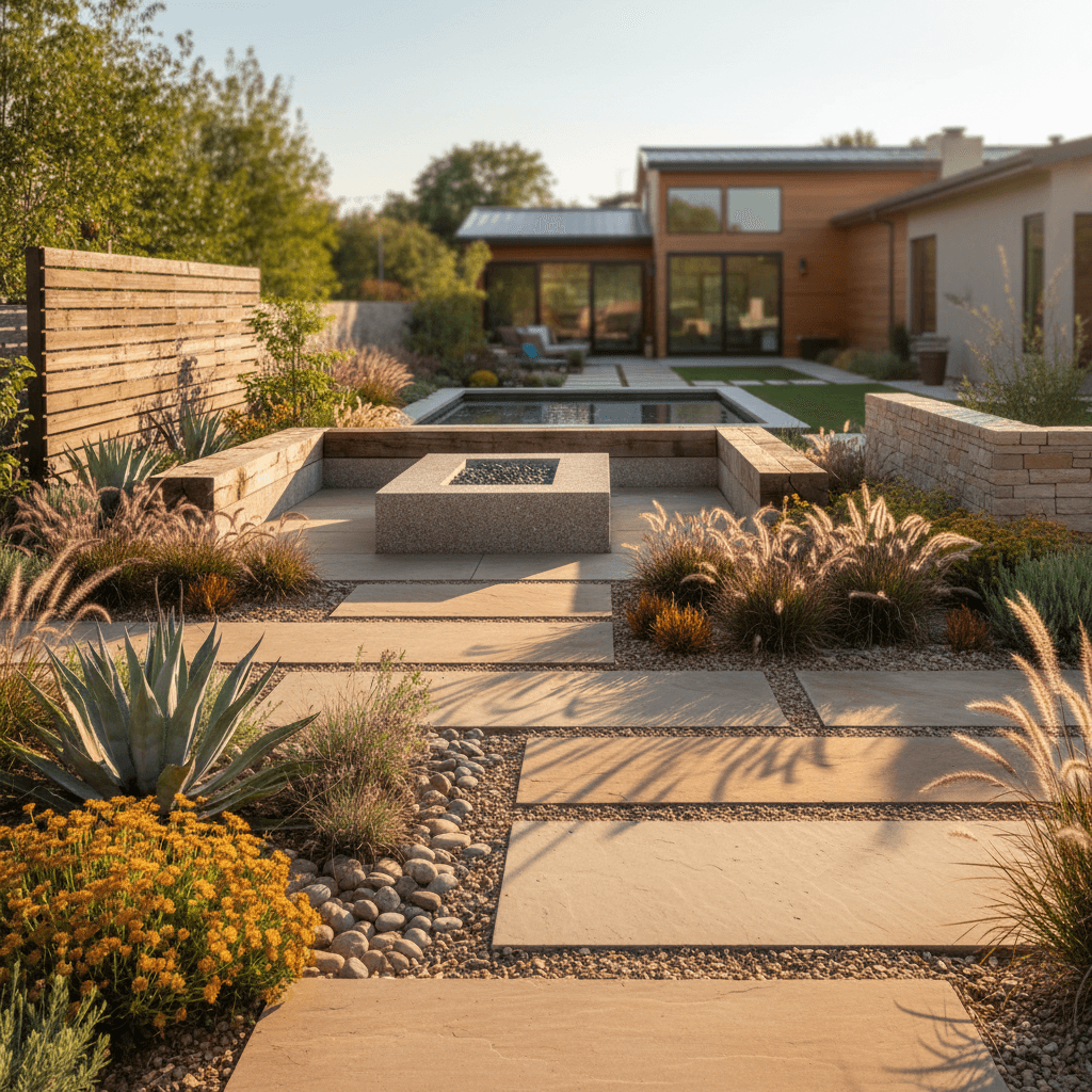 Landscaped backyard with hardscaping and native plants