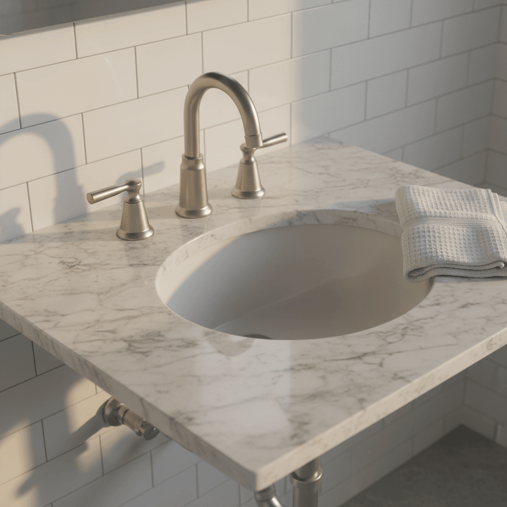 Luxury bathroom vanity with marble countertop and new fixtures