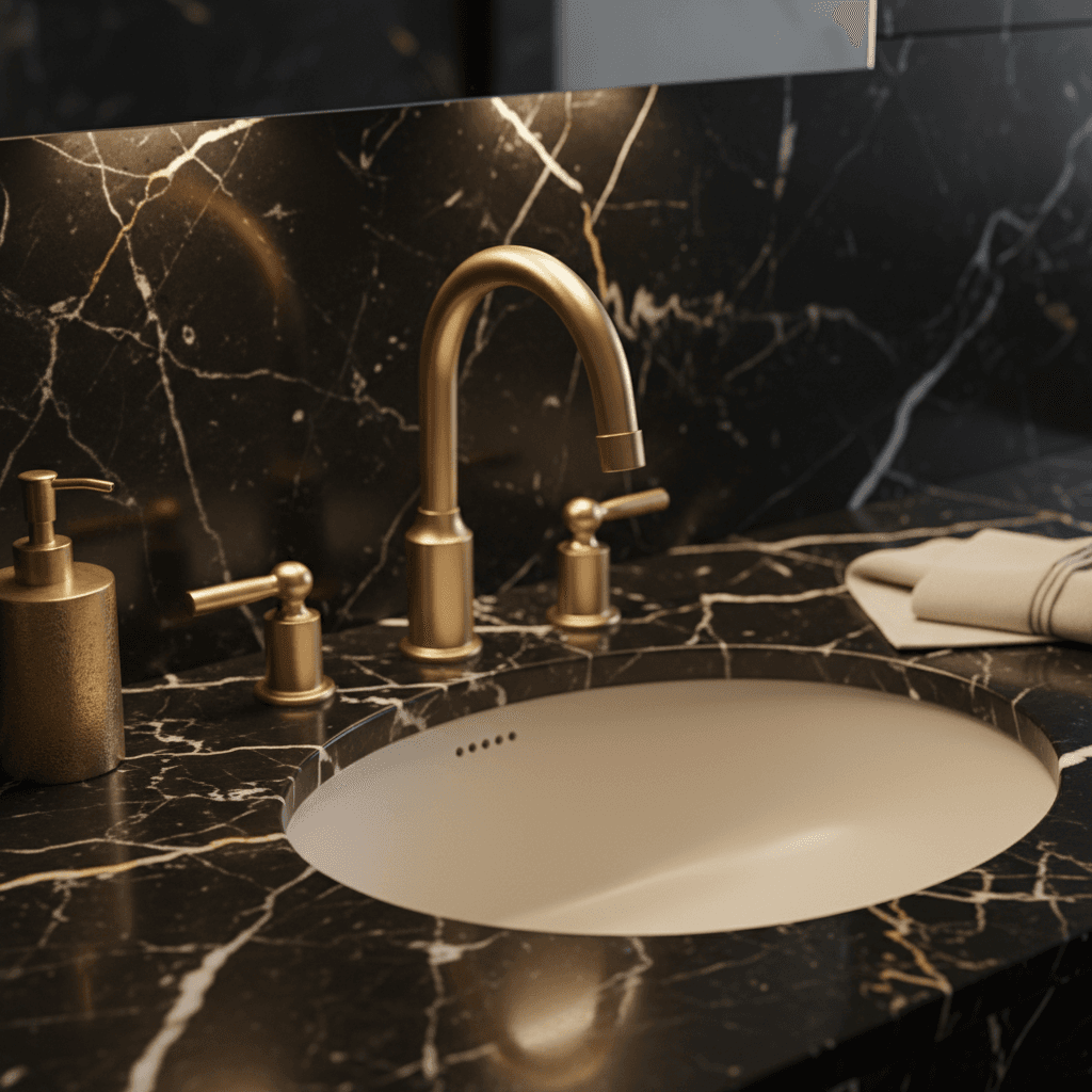Luxury bathroom vanity with marble and brass fixtures