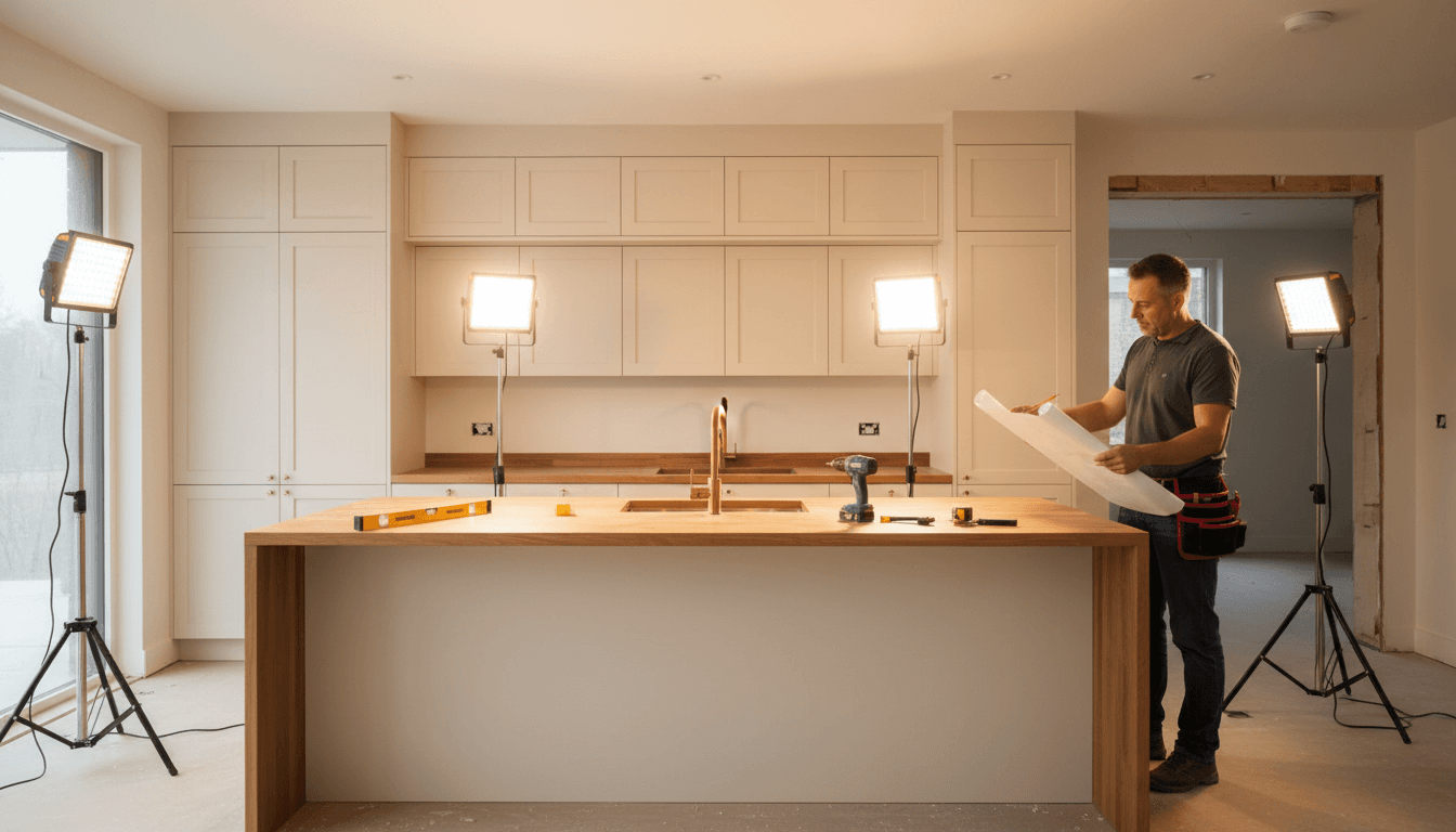 Modern kitchen renovation with professional contractor reviewing project details