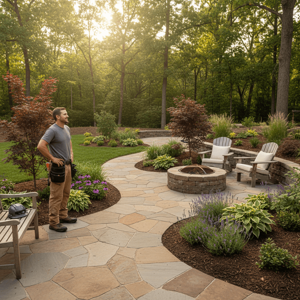 Completed backyard landscaping with stone pathway and plantings