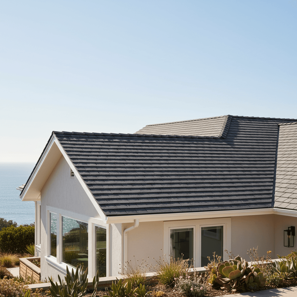 Coastal home exterior with new roof and fresh paint