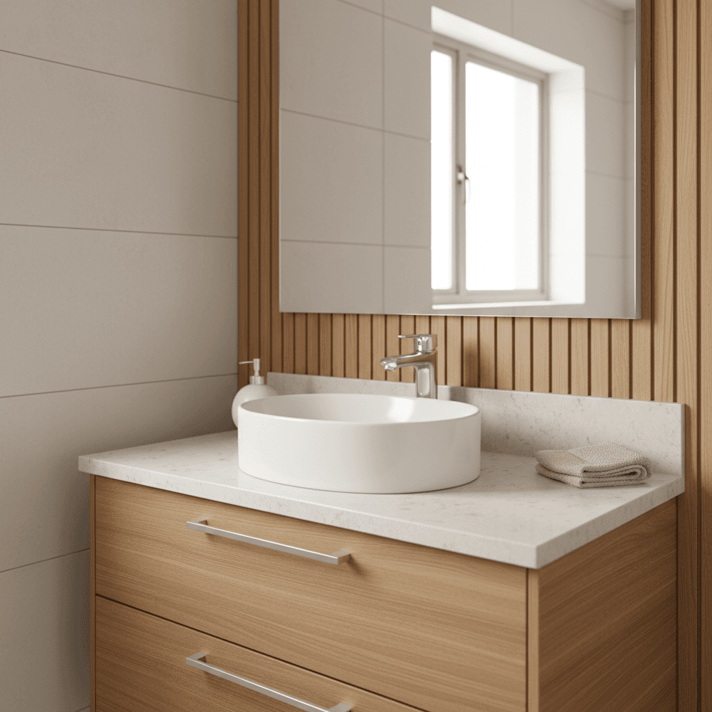 Renovated bathroom vanity with modern fixtures and tiling