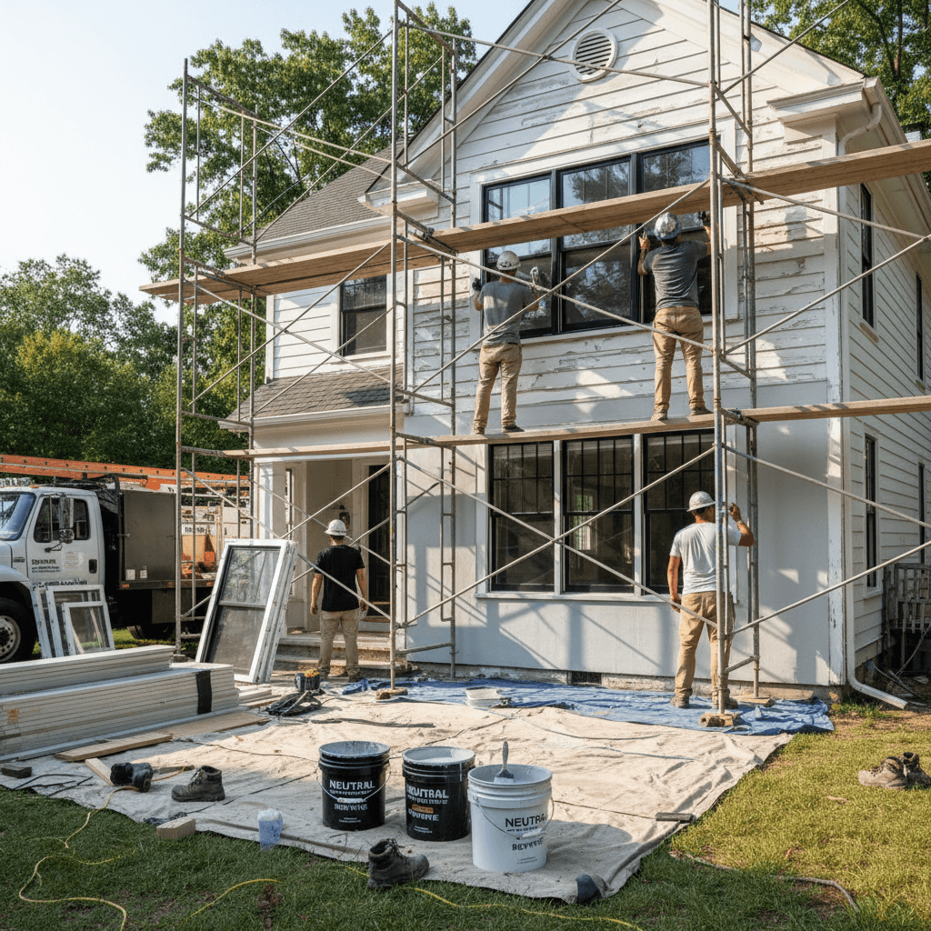 Home exterior during active painting or window replacement work