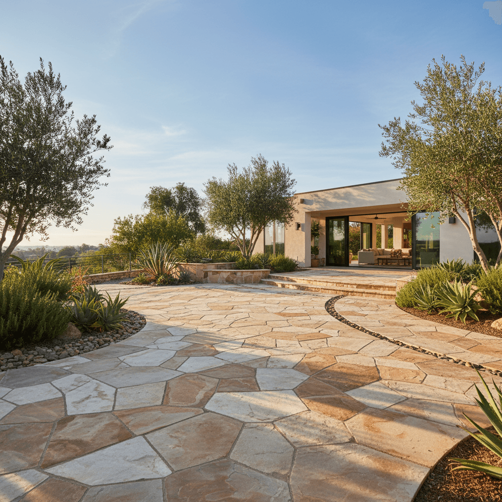 Completed hardscape patio and landscape design with integrated plantings and drainage