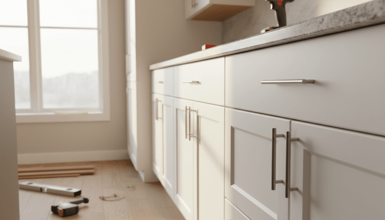 Modern kitchen renovation with white cabinetry and granite countertops