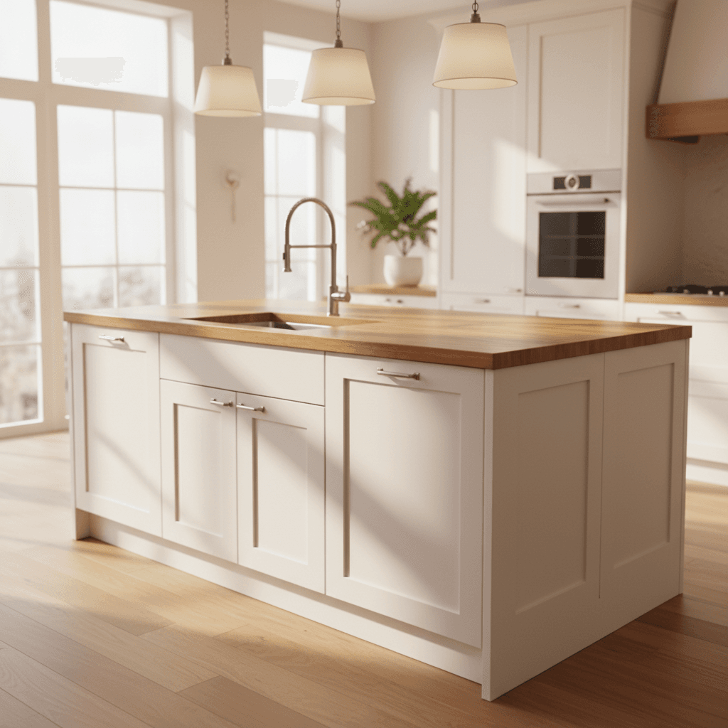 Modern kitchen remodel with white cabinetry and wood countertops