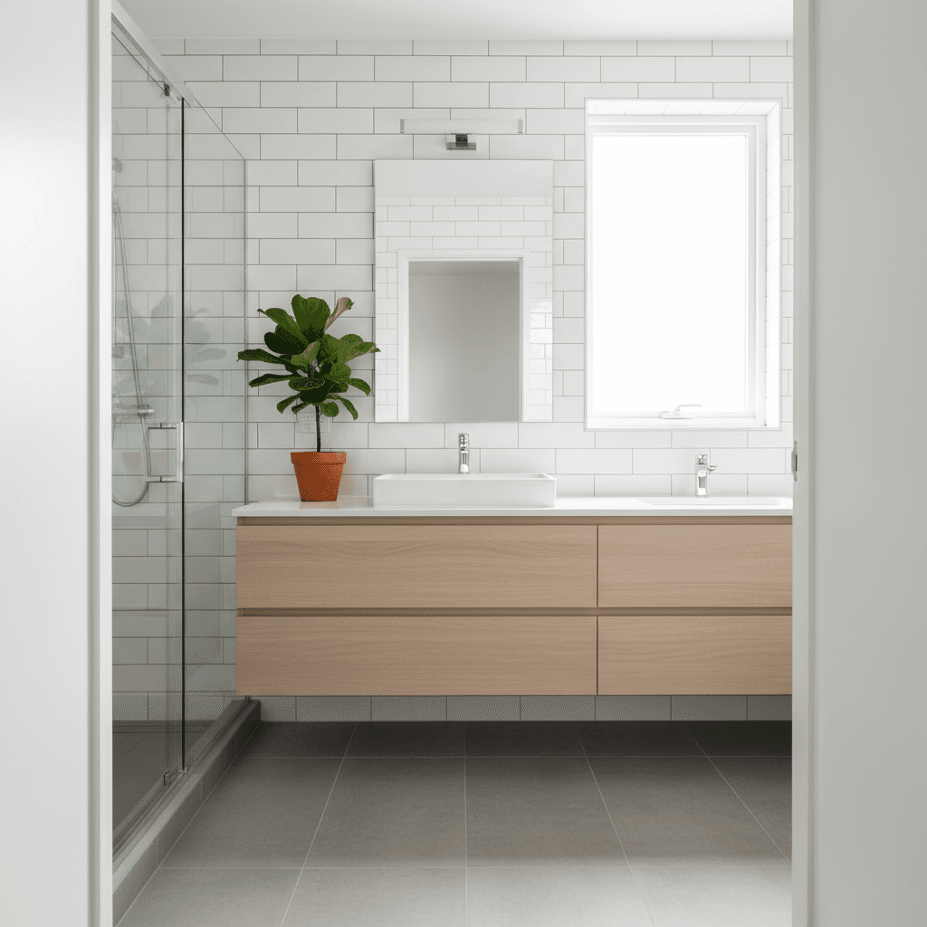 Renovated bathroom with subway tile and floating vanity
