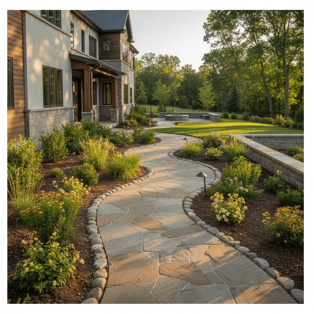 Landscaping project with stone pathways and plantings