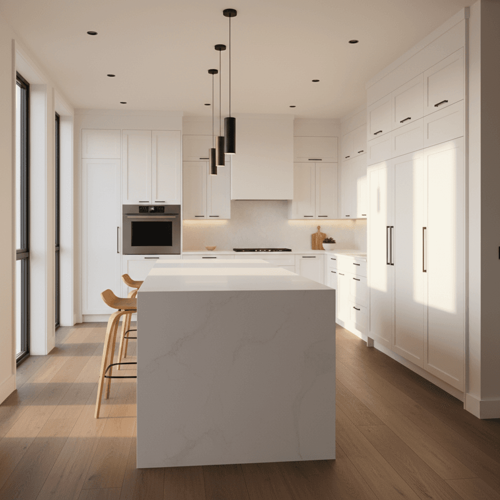 Modern kitchen with white cabinetry, quartz countertop, and stainless steel appliances