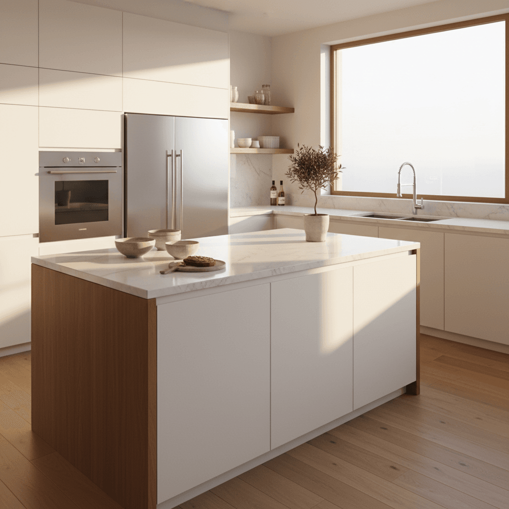 Modern kitchen remodel with white cabinets and marble countertops