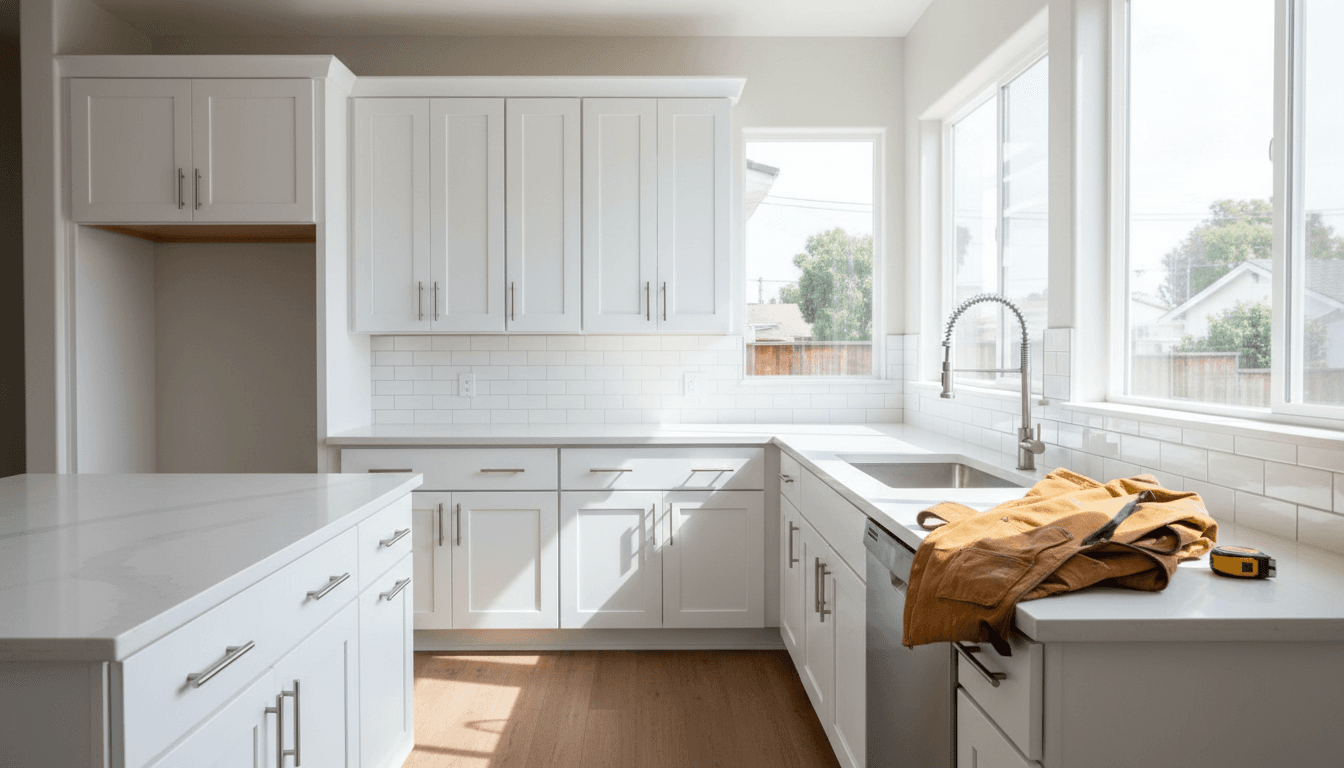 Completed modern kitchen remodel with white cabinetry, quartz countertops, and stainless steel fixtures