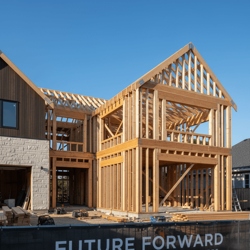 Home addition framing showing structural integration with existing residence