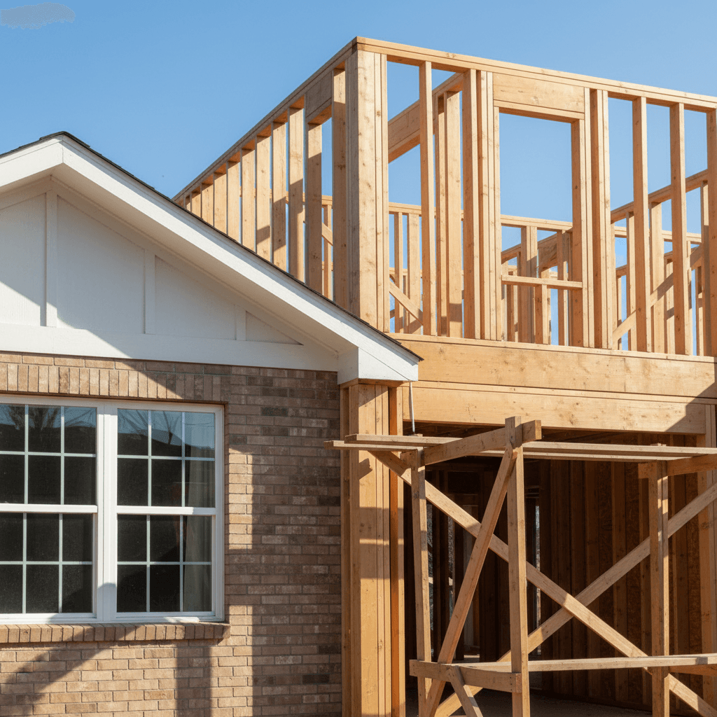 Home addition framing attached to existing residence