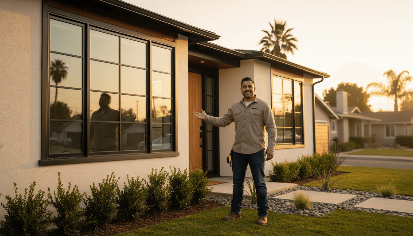Dino Eracleous standing beside a completed residential remodeling project in San Diego