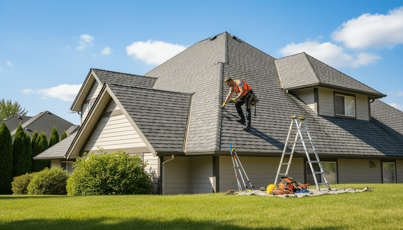 Professional roofer in safety gear inspecting residential roof during comprehensive maintenance assessment